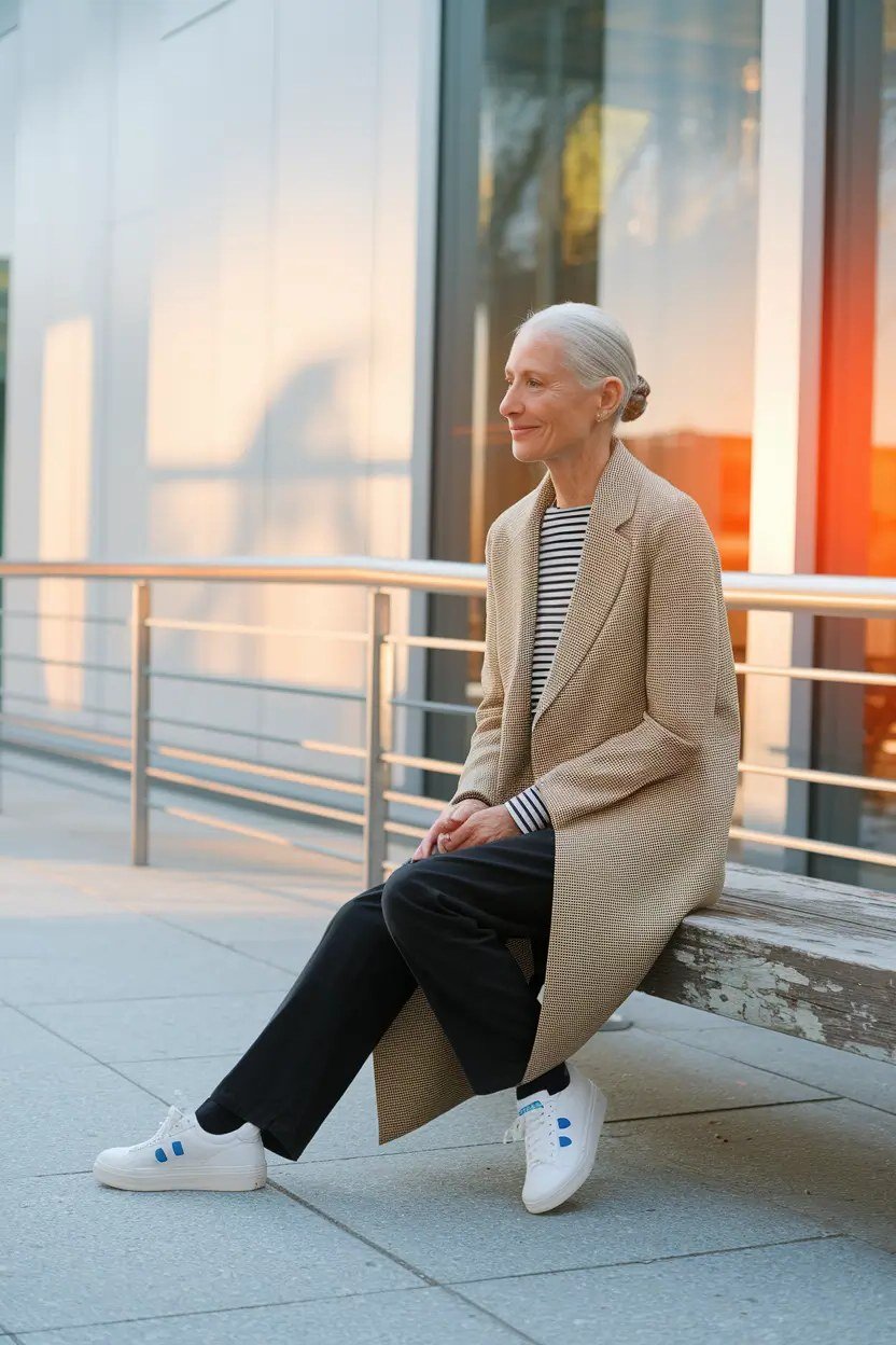 Elegant fall outfit for women over 70: camel coat seated in the city