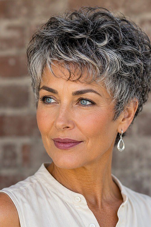 7. Curly Gray Pixie - wash and wear hairstyle for older women