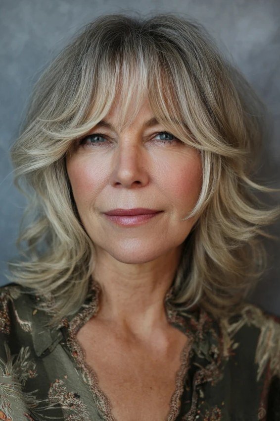 Dimensional blonde-grey layered medium-length hairstyle with bangs, front view, for women over 50