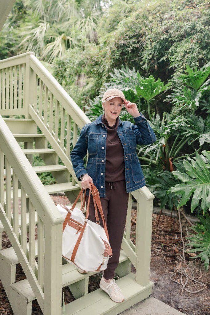 Denim Jacket with Chocolate Brown Separates, classy outfit for women over 60