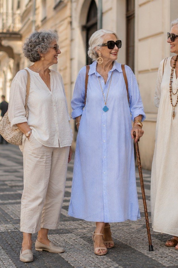 Three older women in long white and light-blue dresses walking down a city street - summer dress for women over 50