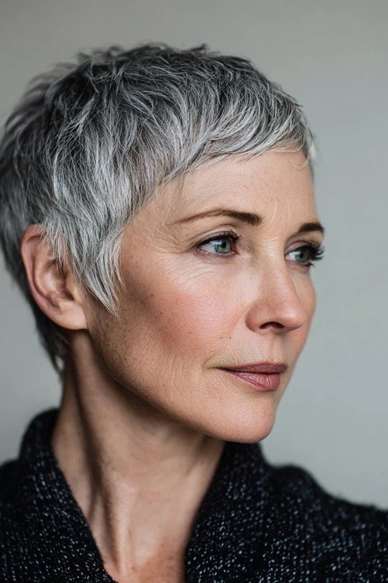 gray layered pixie haircut for women over 50 front view