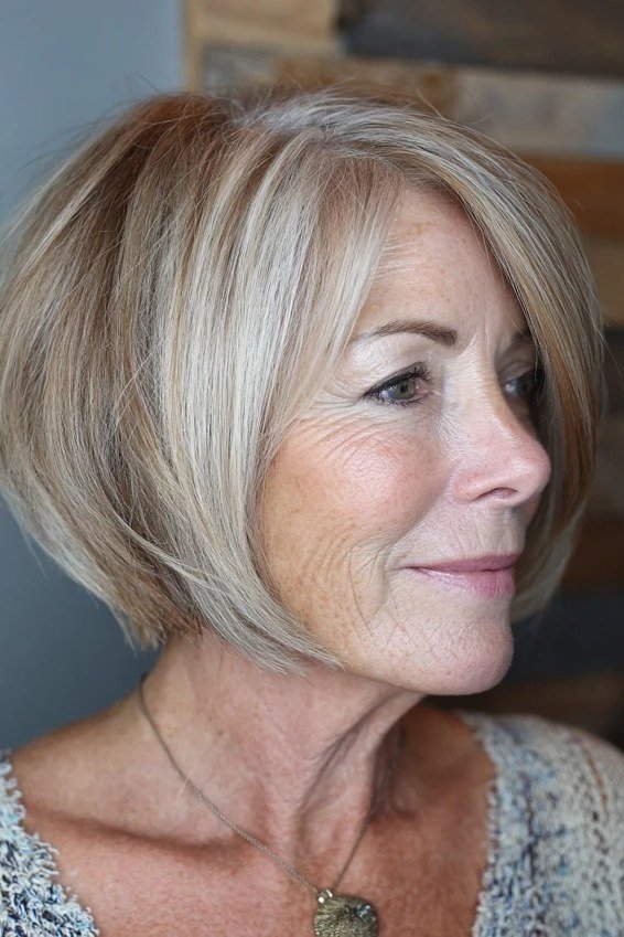 Blonde bob side view, light sweater, short layered bob hairstyle for women over 60