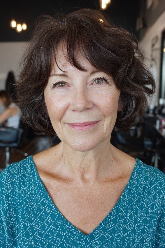 Dark Curly Bob With Bangs - short curly hairstyle for women over 60