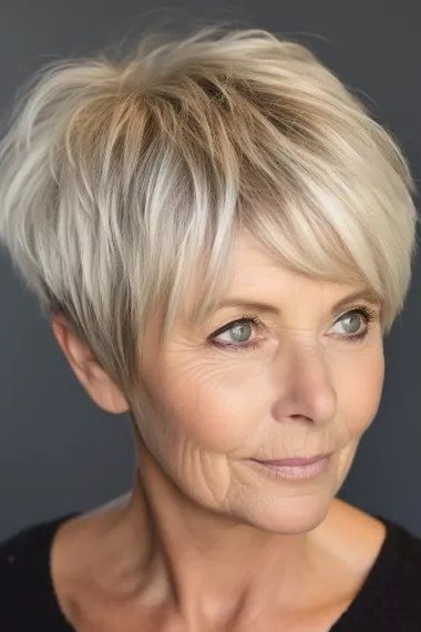 Blonde pixie haircut with side sweep for women over 60