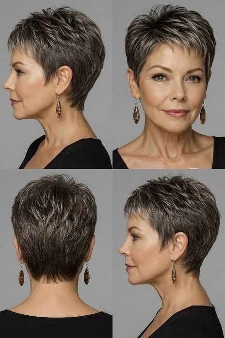 Multi-view collage, brown grey pixie, front side and back views for women over 60