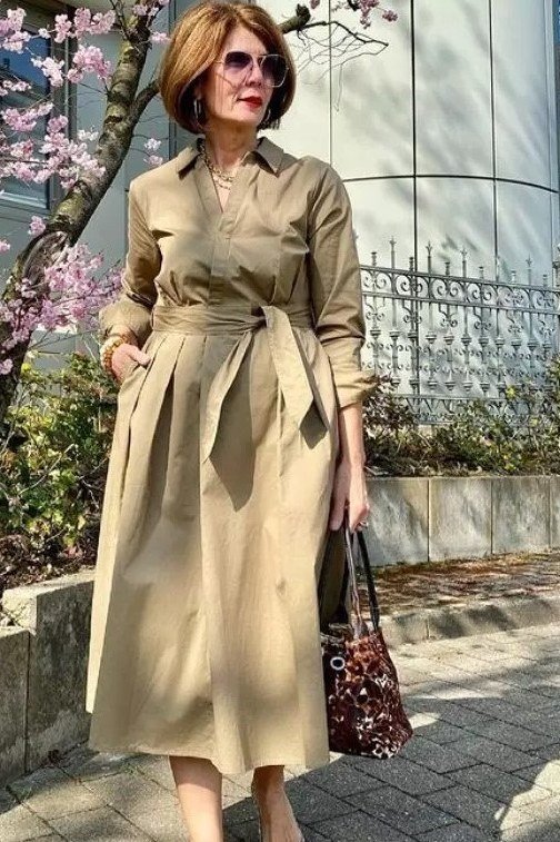 tan trench-style shirt dress for women over 60