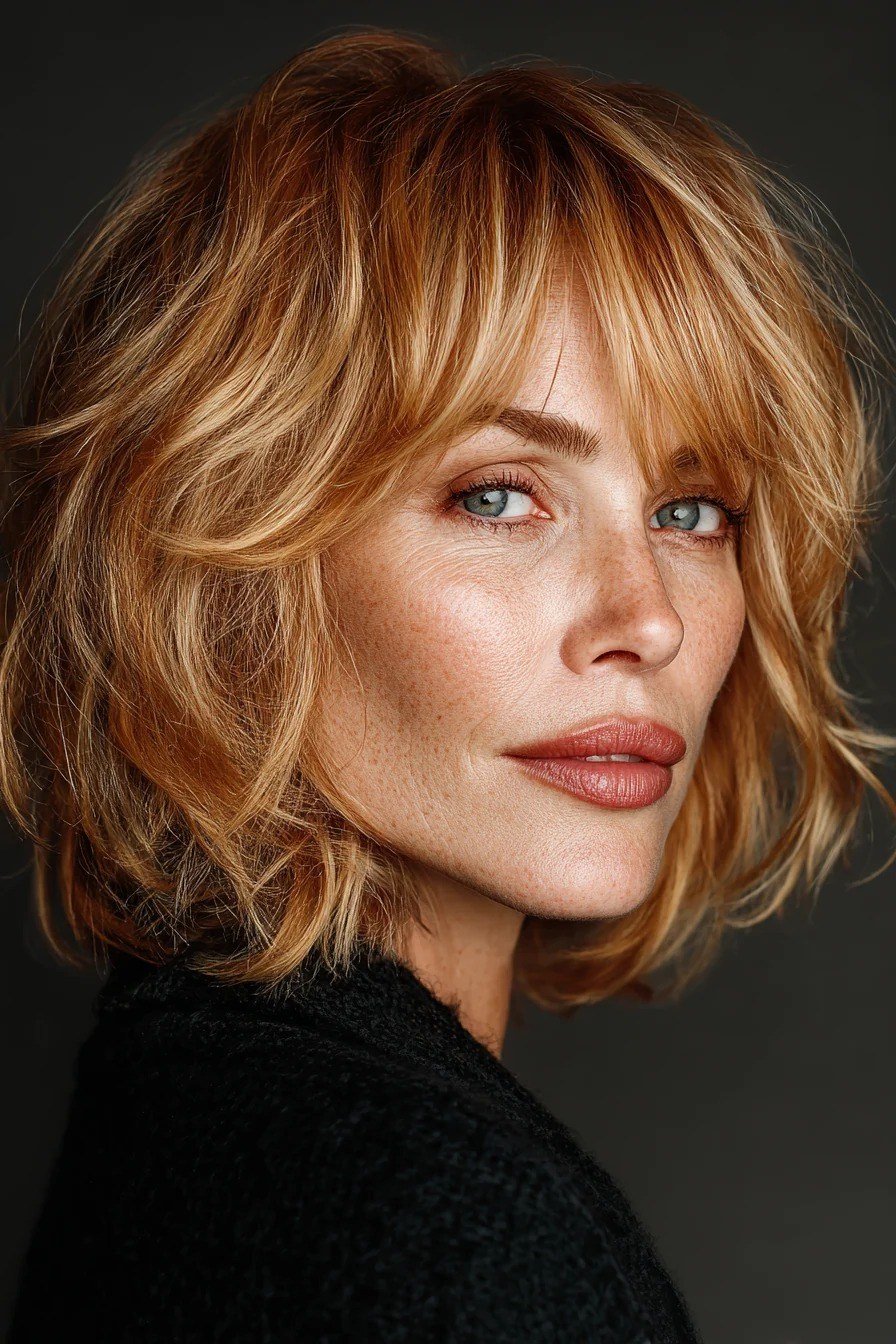 Auburn shaggy lob with side swept bangs for women over 60