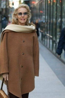 brown wrap coat with cream scarf and tan bag for women over 50