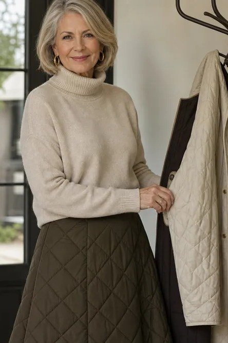 Casual fall outfit for women over 60: tan cropped cardigan, high waist jeans, brown ankle boots