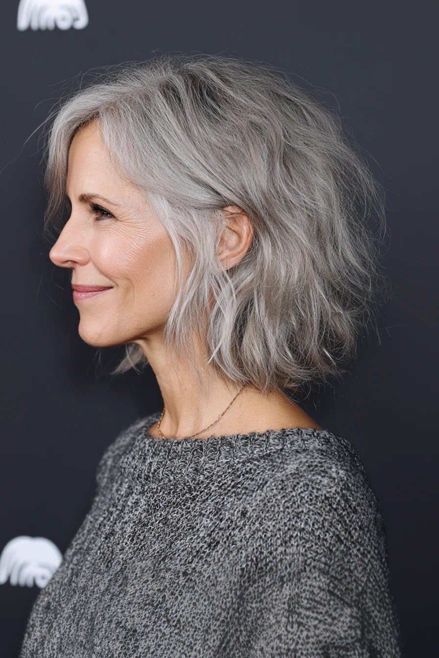 Silver wavy bob, side view - wispy hairstyle for women over 40