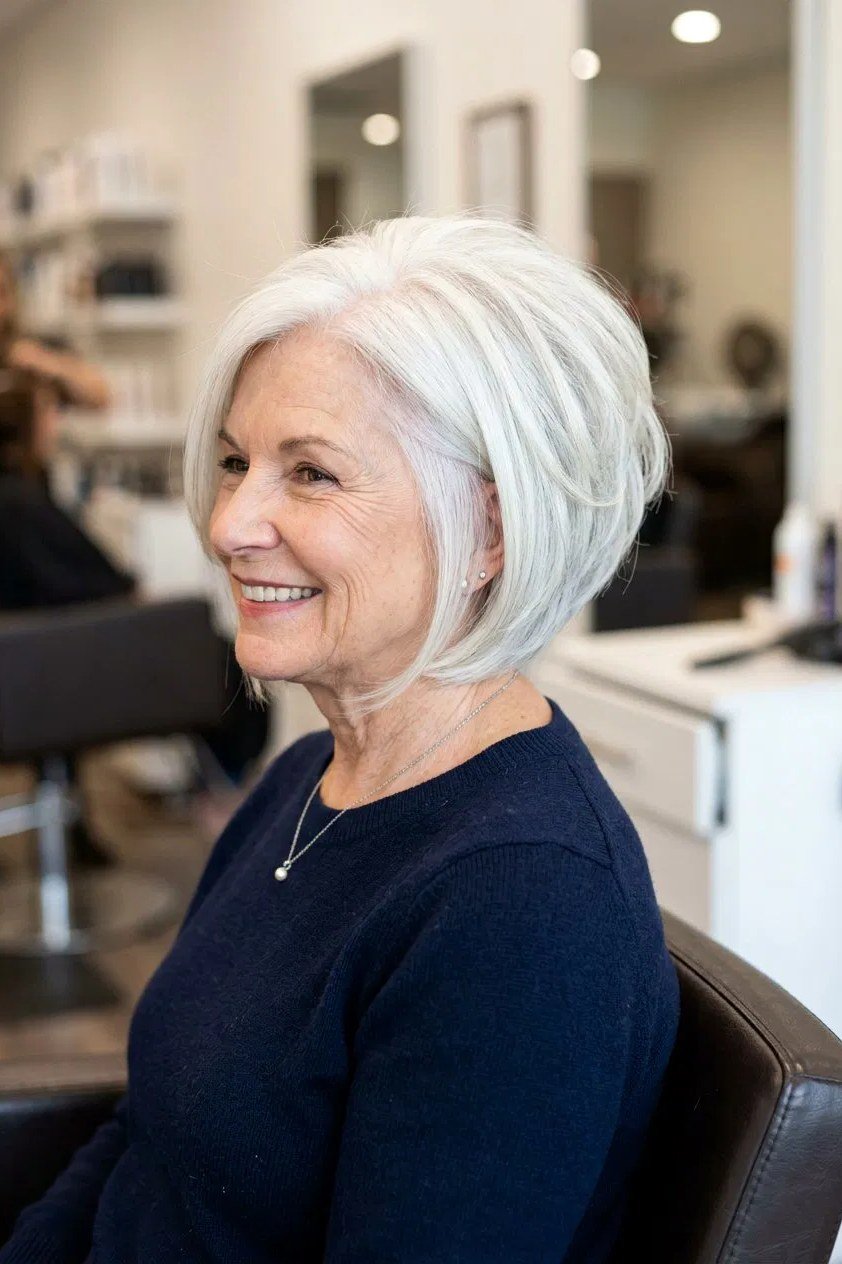 Classic White Salon Bob, layered hairstyle for women over 70