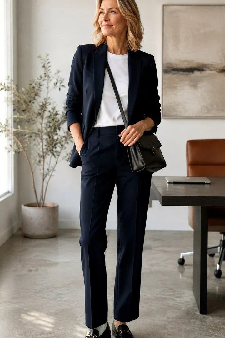 Black blazer white top navy trousers, woman in office - business casual work outfit for women over 50