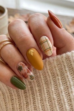 Plaid and autumn leaf nail art with coffee cup styling, fall nail design for older women