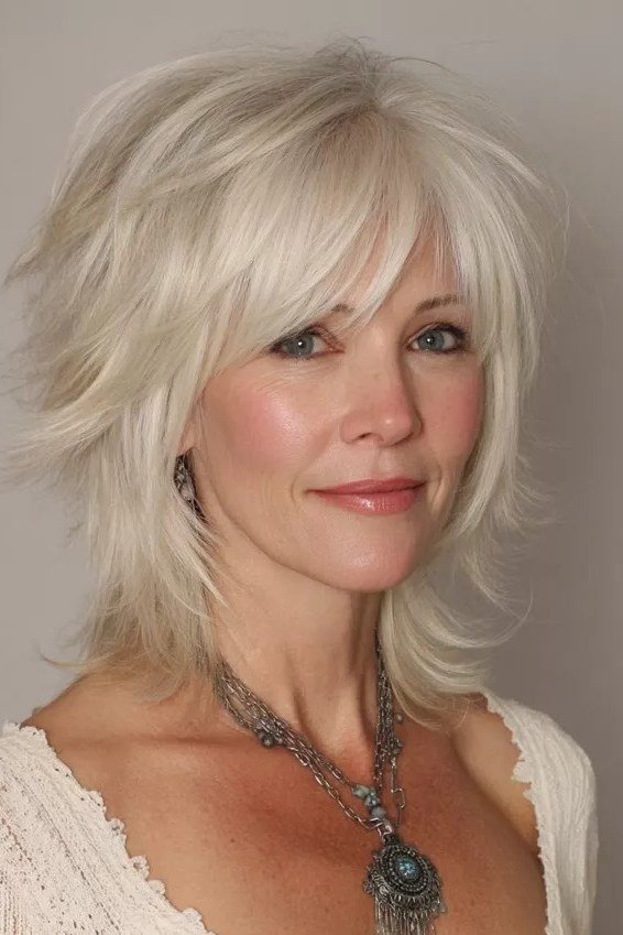 shaggy white layers with bangs, front view, medium length hairstyle for women over 60