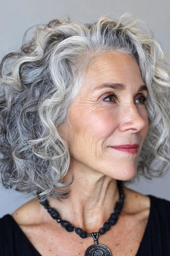 Polished grey curly bob for women over 50