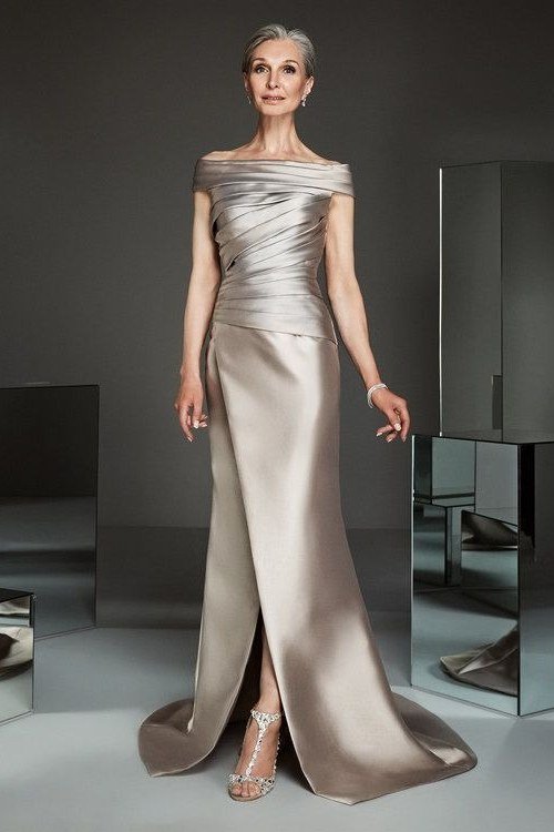 Silver-Gray Off-Shoulder Satin Gown - evening outfit for women over 60