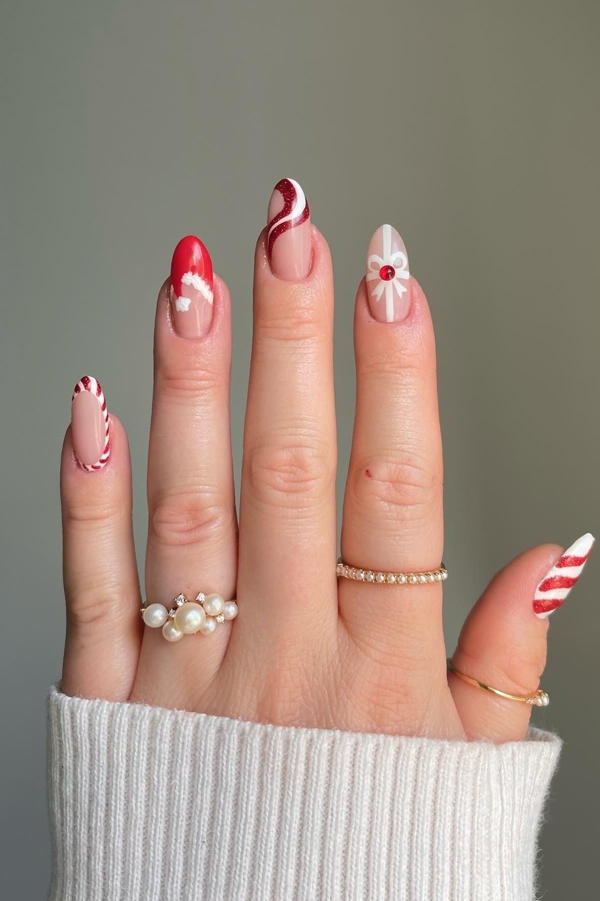 red and white candy cane french tip christmas nails