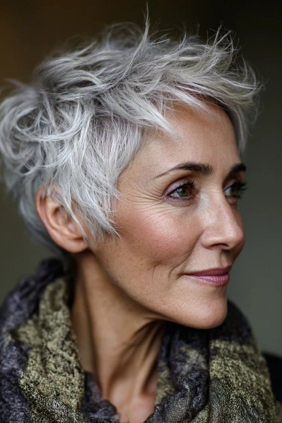 Choppy textured silver pixie for women over 70
