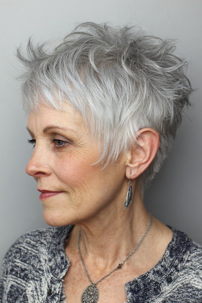 Silver spiky pixie with height on top - trendy short haircut for older women with fine hair