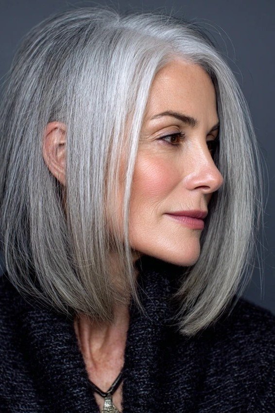 polished short silver bob haircut, side view