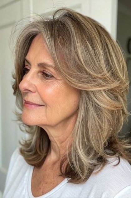 Blonde layered shoulder hair, side view, woman in her 60s