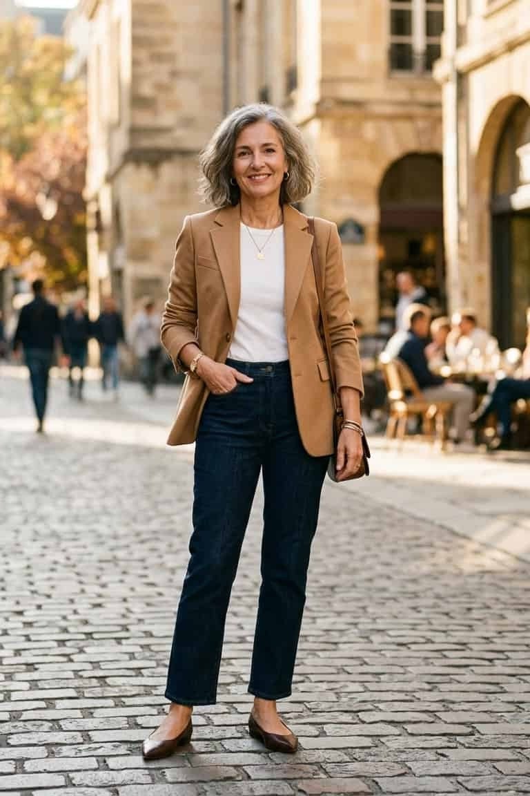 Camel Blazer With Dark Jeans - flattering outfit idea for women over 50, how to dress better over 50