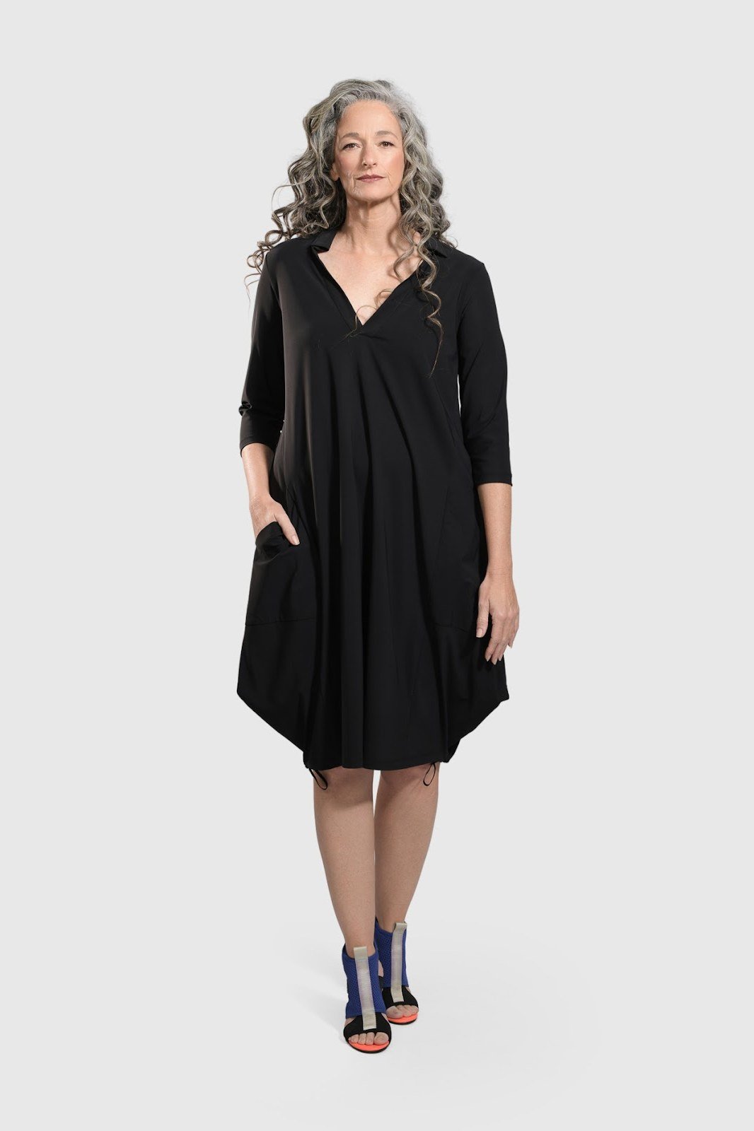 Black V-neck wrap midi dress for women over 50