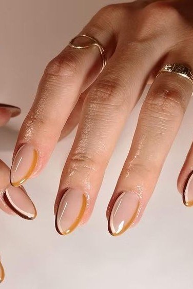 Caramel French Tip Almond Nails, chocolate brown fall nail design for women over 60