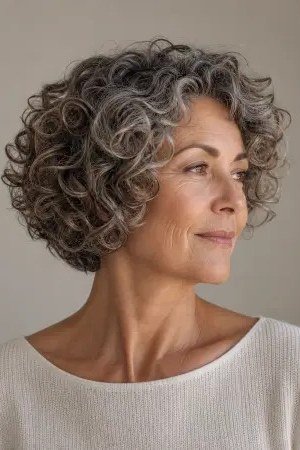 curly silver bob hairstyle for women over 50, front view