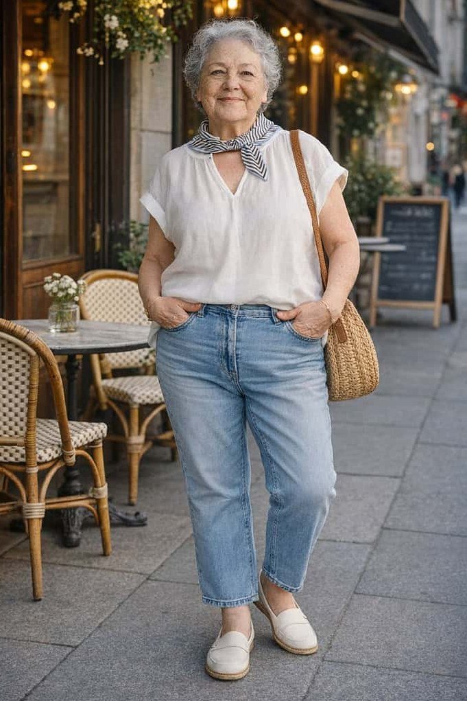 White Tee with Blue Jeans, classic casual outfit for women over 70