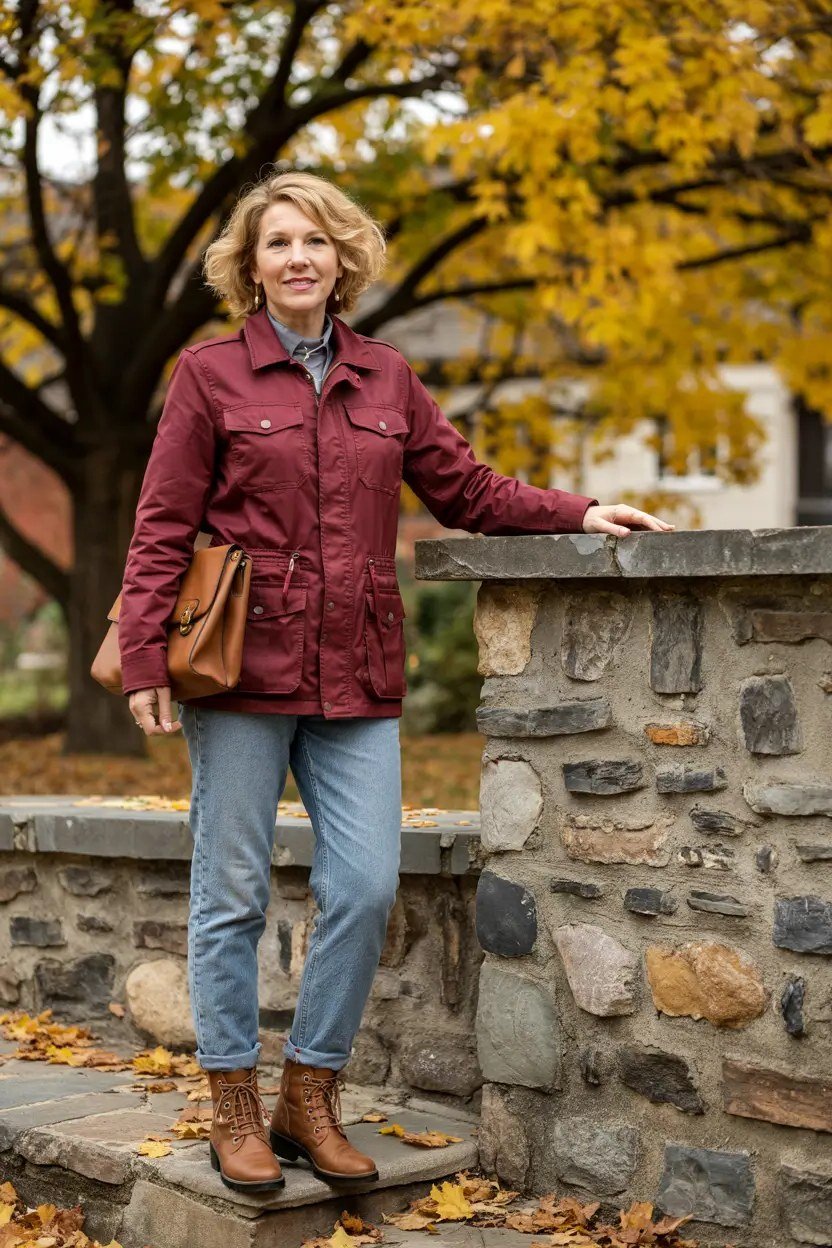 Burgundy field jacket blue jeans burgundy field jacket blue jeans brown boots 50s stone - fall outfit idea for women over 40