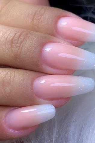 frosty pink white baby boomer ombre on long coffin nails