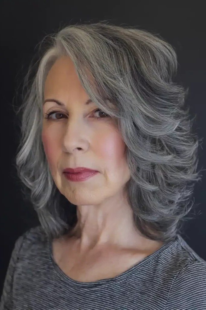 Silver Wavy Bob with Soft Volume, medium hairstyle for women over 70