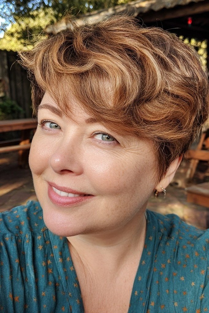 Copper Curly Pixie - sassy hairstyle for older women