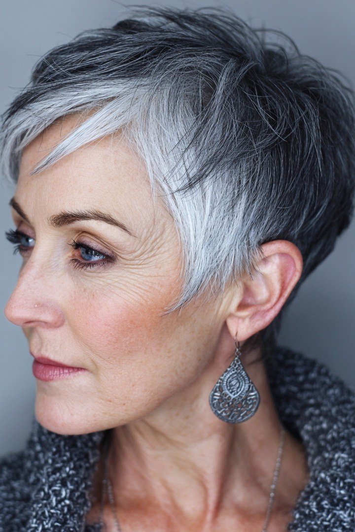 Salt and pepper wispy pixie with textured crown, side view