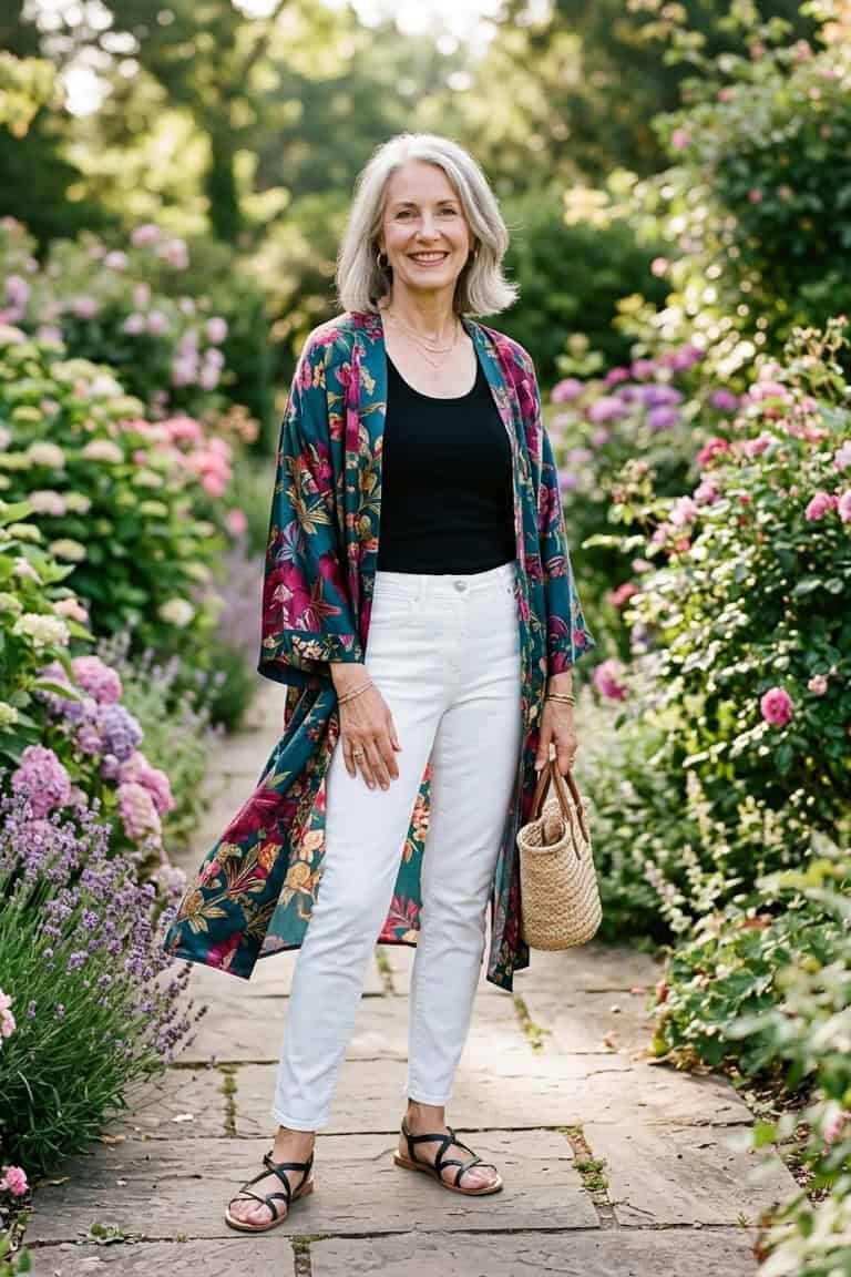 Woman over 50 wearing floral kimono with white jeans and sandals, everyday casual outfit idea
