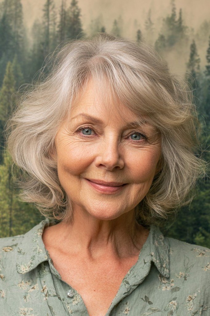 Silver Wavy Lob in the Forest - layered lob hairstyle for women over 60