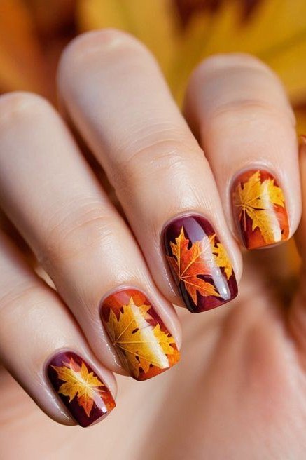 23. Full Autumn Leaf Nail Designs - Thanksgiving nail art idea for women over 50