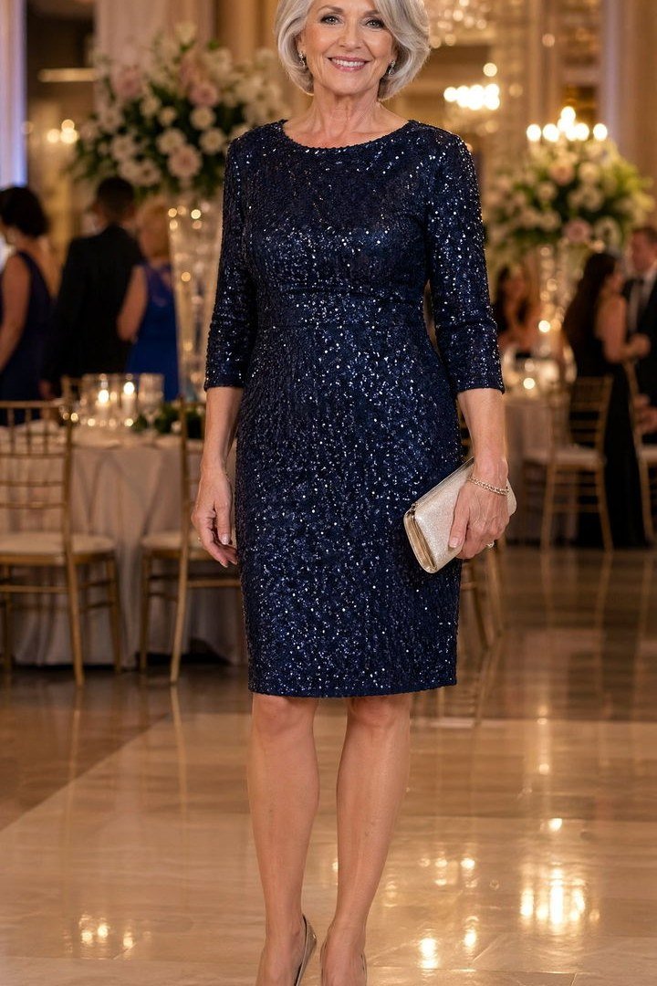 navy sequin three-quarter-sleeve midi dress at a reception
