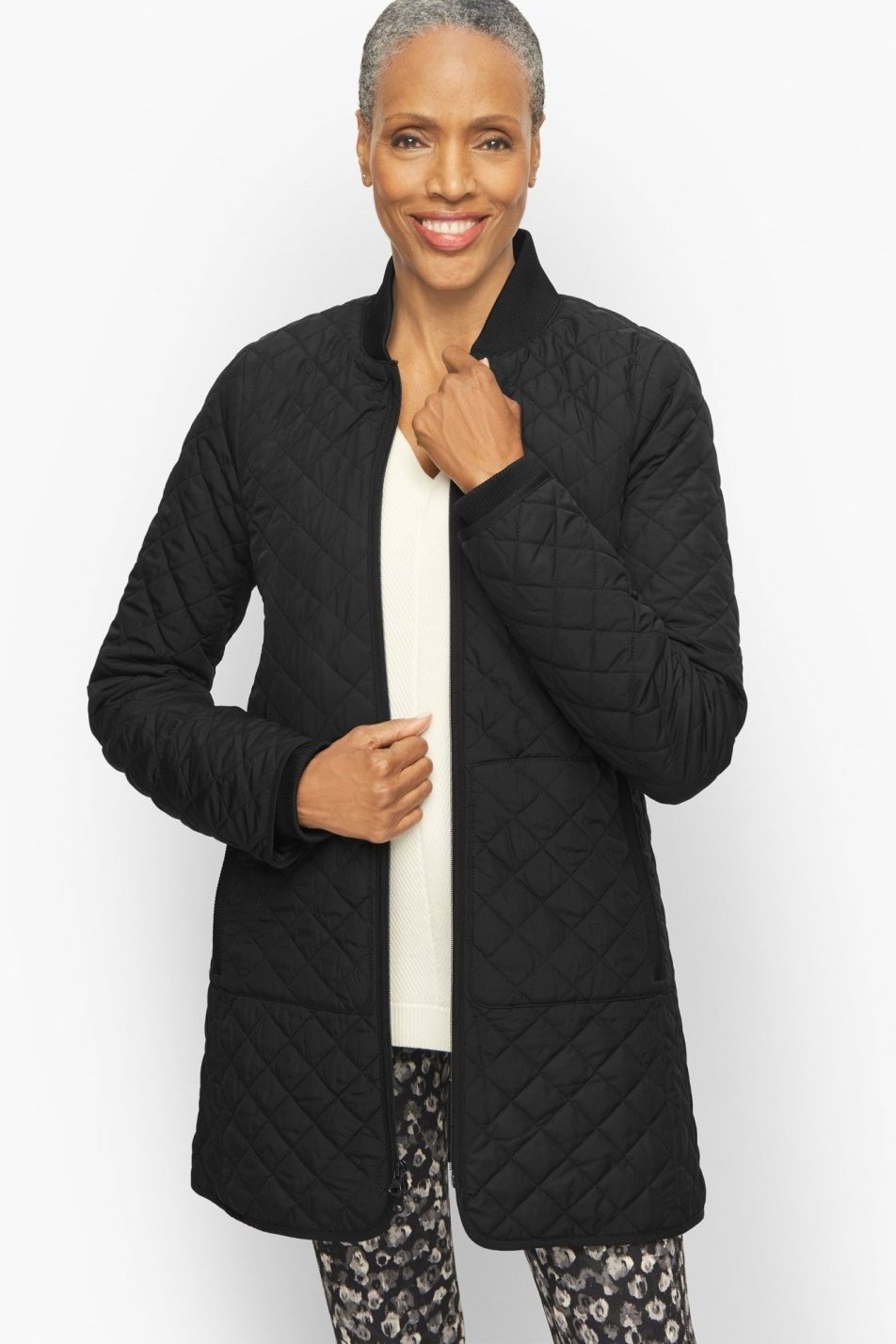 Black quilted jacket outfit for women over 60