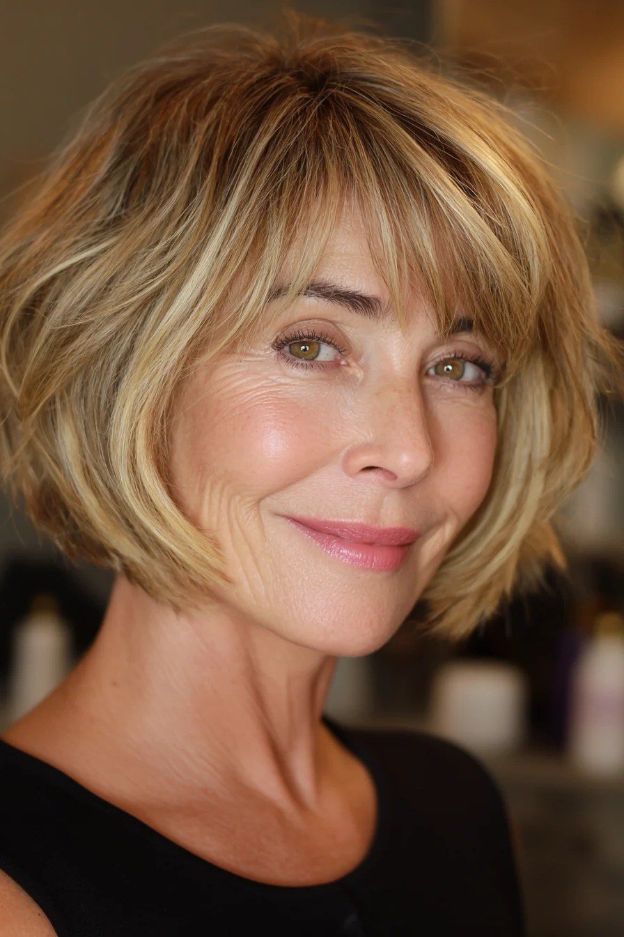 Golden Blonde Bob with Wispy Bangs - trendy layered bob hairstyle for women over 50