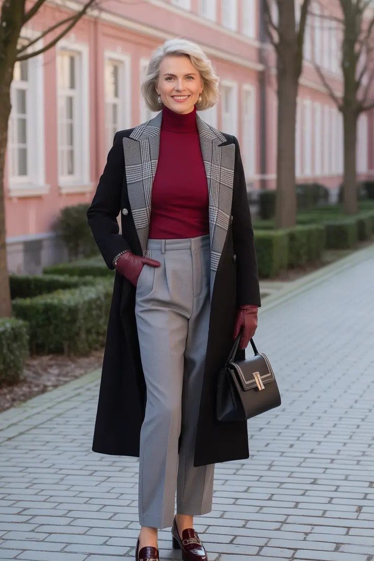 Black midi coat with gray lapels over burgundy turtleneck and gray trousers for women over 50 at work