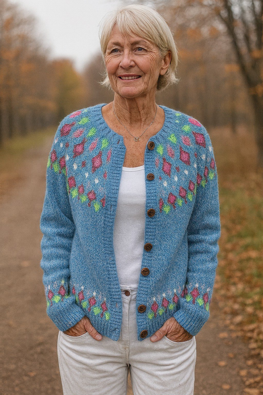 older woman in blue fair-isle cardigan with white top and white pants