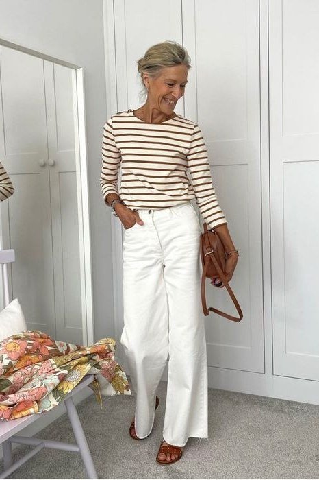 striped knit top white wide leg trousers over 50