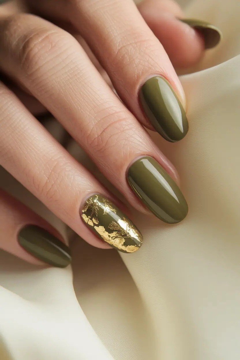 Olive green short nails with a gold foil accent nail, matte earthy fall palette.