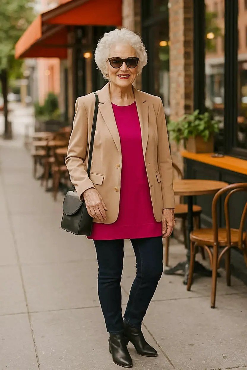 Elegant fall outfit for women over 70: pink top with camel blazer