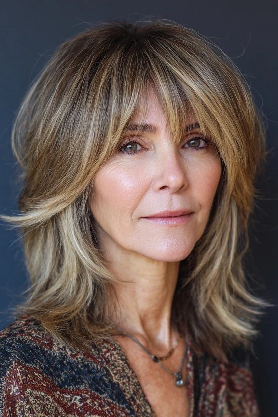 Feathered brown layered medium-length hairstyle with soft fringe, front view, for women over 50