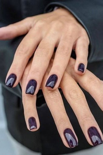 Deep Plum Short Almond Nails, fall nail color idea for women over 50