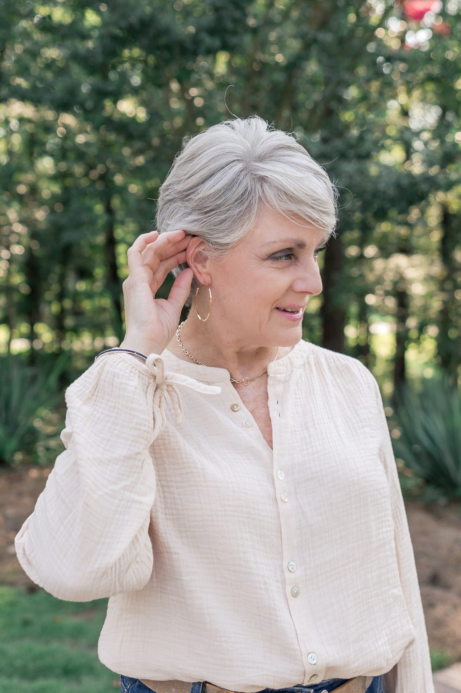 Cream Blouse in the Garden, classy outfit for women over 60
